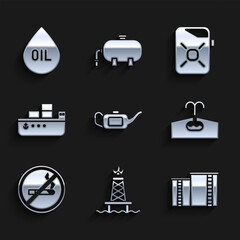 Canvas Print - Set Canister for motor oil, Oil rig with fire, industrial factory building, Oilfield, No Smoking, tanker ship, and drop icon. Vector