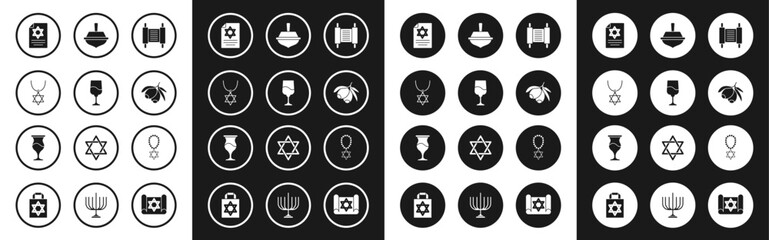 Sticker - Set Torah scroll, Jewish goblet, Star of David necklace on chain, Olives branch, Hanukkah dreidel, and icon. Vector