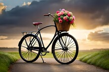 An Antique Bicycle Featuring A Charming Flower-filled Basket, Set Within A Garden Setting.




