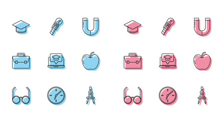 Canvas Print - Set line Glasses, Clock, Graduation cap, Drawing compass, screen laptop, Apple, Briefcase and Stationery knife icon. Vector