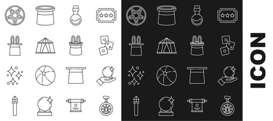 Sticker - Set line Unicycle or one wheel bicycle, Magic ball hand, Game dice, Bottle with love potion, Circus tent, Magician hat rabbit ears, Pentagram in circle and icon. Vector