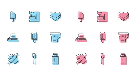 Poster - Set line Rolling pin on dough, Spatula, Ice cream, Paper package for milk, Measuring cup, Kitchen extractor fan and Electric mixer icon. Vector