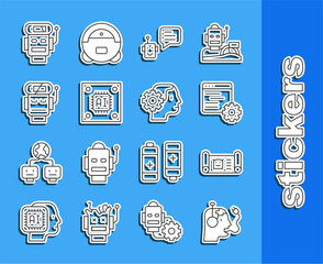 Poster - Set line Robot charging battery, blueprint, Computer api interface, Bot, Processor with microcircuits CPU, low charge, and Humanoid robot icon. Vector