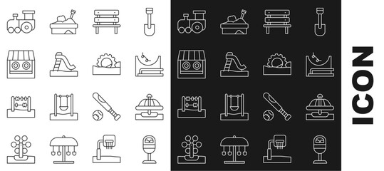 Canvas Print - Set line Trash can, Attraction carousel, Skate park, Bench, Kid slide, Shooting gallery, Toy train and Ferris wheel icon. Vector