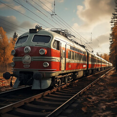 train on the railway track - 60's red electric train in woods scenic background with trees. 