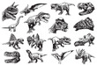 Graphical big set of dinosaurs isolated on white background,vector illustration for tattoo and printing