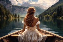 Beautiful Young Woman In White Dress Sit In A Boat On Lake Summer Vacation