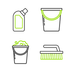 Canvas Print - Set line Brush for cleaning, Bucket with foam and bubbles, and Plastic bottles liquid dishwashing liquid icon. Vector