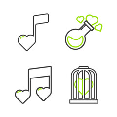 Wall Mural - Set line Heart in the bird cage, Music note, tone with hearts, Bottle love potion and icon. Vector
