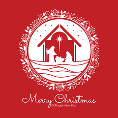 Wall Mural - Merry christmas - White the nativity with mary and joseph in a manger with baby jesus and light star in circle wreat on red background vector design
