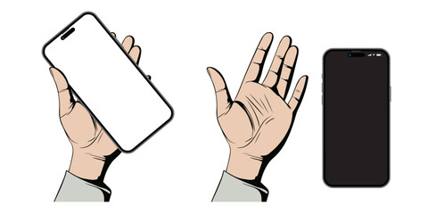 Poster - Human hand holding smartphone and smart mobile phone flat vector illustration. Realistic smartphone mockup. Vector.