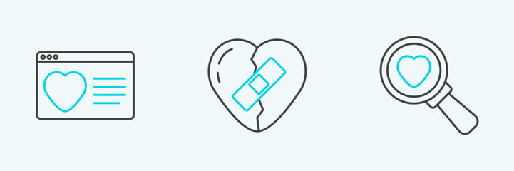 Sticker - Set line Search heart and love, Dating app online and Healed broken icon. Vector