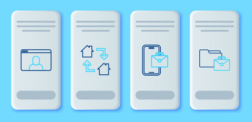 Poster - Set line Online working, Freelancer, Video chat conference and icon. Vector
