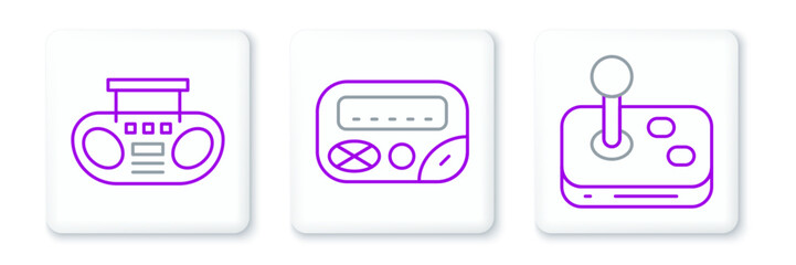 Sticker - Set line Joystick, Home stereo with two speakers and Pager icon. Vector