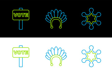 Sticker - Set line Hexagram sheriff, Vote and Indian headdress with feathers icon. Vector