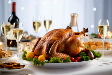 Wall Mural - Festive Christmas Dinner: Roast Chicken or Turkey on a Beautifully Decorated Table

