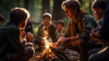 Fototapeta  - Group of boys scouts on an adventurous camping trip, learning essential outdoor skills, like setting up camp, cooking over an open fire