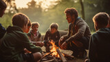 Fototapeta  - Group of boys scouts on an adventurous camping trip, learning essential outdoor skills, like setting up camp, cooking over an open fire