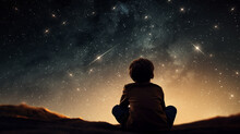 Young Boy Kid Astronomer At A Night Of Stargazing. He Gazes Galaxies And Constellations, Expanding His Understanding Of The Cosmos.