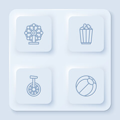 Poster - Set line Ferris wheel, Popcorn in box, Unicycle one bicycle and Beach ball. White square button. Vector