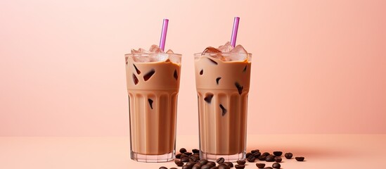 Wall Mural - Refreshing summer drink iced coffee milk tall glasses pink background