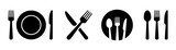 Fototapeta  - Fork, knife, plate and spoon. Menu symbol. Restaurant icon. Food, plate, fork, knife, spoon, cutlery icon set. Vector