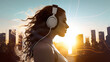 modern girl in headphones listening to music in headphones, enjoy life, urban scene, happiness concept