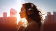 modern girl in headphones listening to music in headphones, enjoy life, urban scene, happiness concept
