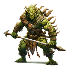 Wall Mural - Green tribal looking orc with red eyes wearing leather armor and belts with weapon in his hands isolated on white background. Fantasy creature. Muscular warrior goblin with club in his hands.