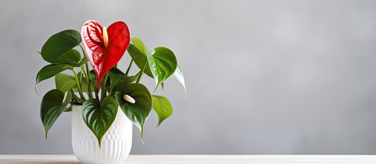 Poster - White Anthurium plant in isolated flowerpot on table representing hospitality