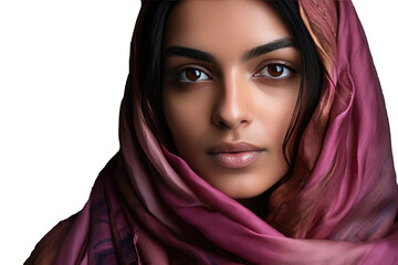 Wall Mural - A Fictional Character Created By Generative AI.A Beauty Portrait of Pretty Arab Woman Around Pink Scarf on Head. Generative AI.