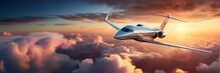 Luxury Private Jet Flying Above The Clouds, Beautiful Sunset On Background. Travel And Airplane Concept. Generative AI