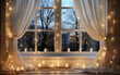 Interior home window decorated with fairy lights and bulbs for events and celebrations.