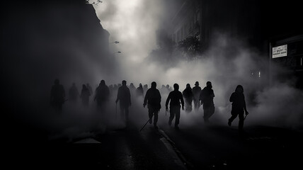 Wall Mural - silhouettes of the crowd in the smoke on the street revolution riot.