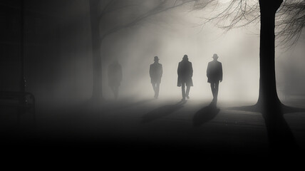 Wall Mural - black and white silhouettes and shadows of people in the morning urban fog.