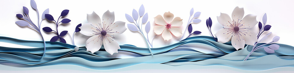 Wall Mural - flowers paper sculpture ornament white background long narrow row.