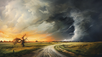 Wall Mural - drawing of a tornado on the road in a field sunset colors.