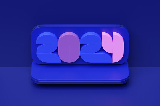 Welcome creative concept 2024. Happy New Year 2024. Outstanding 3D text on blue  background, 3D illustration
