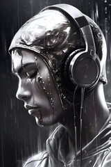Poster - Female futuristic person with headphones with rain pouring on her face