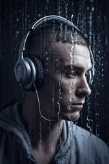 Aufkleber - Portrait of man with headphones with rain pouring on him