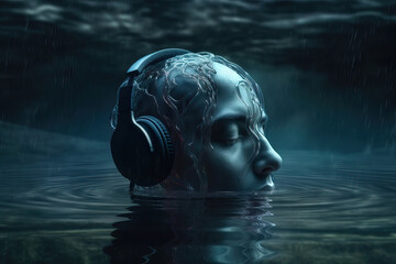 Poster - Portrait of futuristic looking person with headphones inside water
