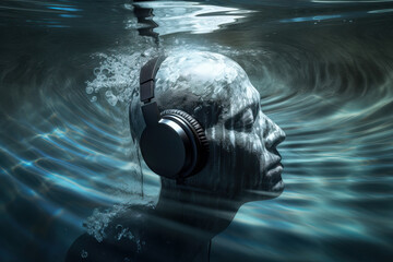 Poster - Portrait of futuristic looking person with headphones inside water