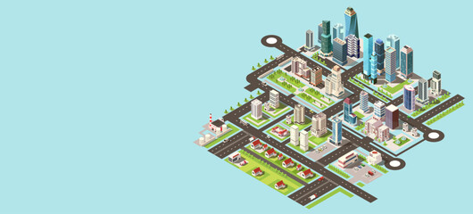 Megapolis city, long street, modern architecture, town center, huge house, urban cityscape, downtown with office skyscraper and building. Business construction. Isometric vector illustration