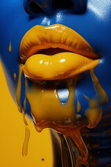 Wall Mural - Close-up of a woman's face, face painted in blue, the yellow paint runs from the lips and chin, yellow background