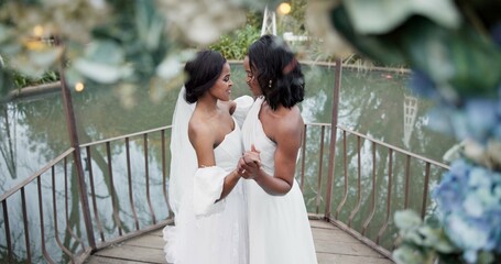 Wall Mural - Wedding, lesbian and women dancing outdoor together at ceremony for celebration, happiness and romance. Marriage, love and lgbtq people holding hands and moving with smile in elegant dress in nature