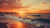 Fototapeta  - Sunrise on the beach - vintage filter. Sea waves lash line impact rock on the bea. Seaside under a rough sky