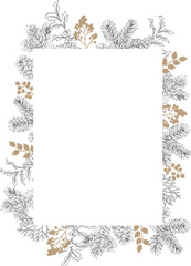 Wall Mural - Vintage Christmas invitation. Isolated festive winter holiday floral frame with fir tree branches, pine cones, holly berries. Beautiful golden and gray engraving illustrations. Natural winter design. 