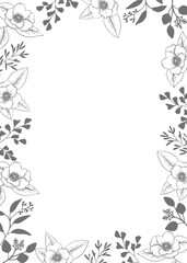 Wall Mural - Elegant floral frame for wedding, birthday greeting card, invitation. Isolated garland. Rose, camelia flowers and leaves, foliage. Elegant hand drawn vintage engraving illustration, design, web banner