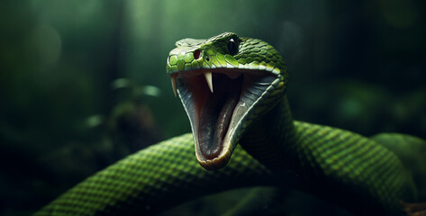 Wall Mural - snake on a tree, A green snake open mouth viscous hd wallpaper