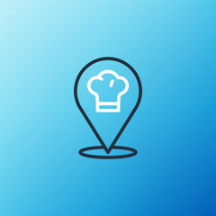 Poster - Line Chef hat with location icon isolated on blue background. Cooking symbol. Cooks hat. Colorful outline concept. Vector